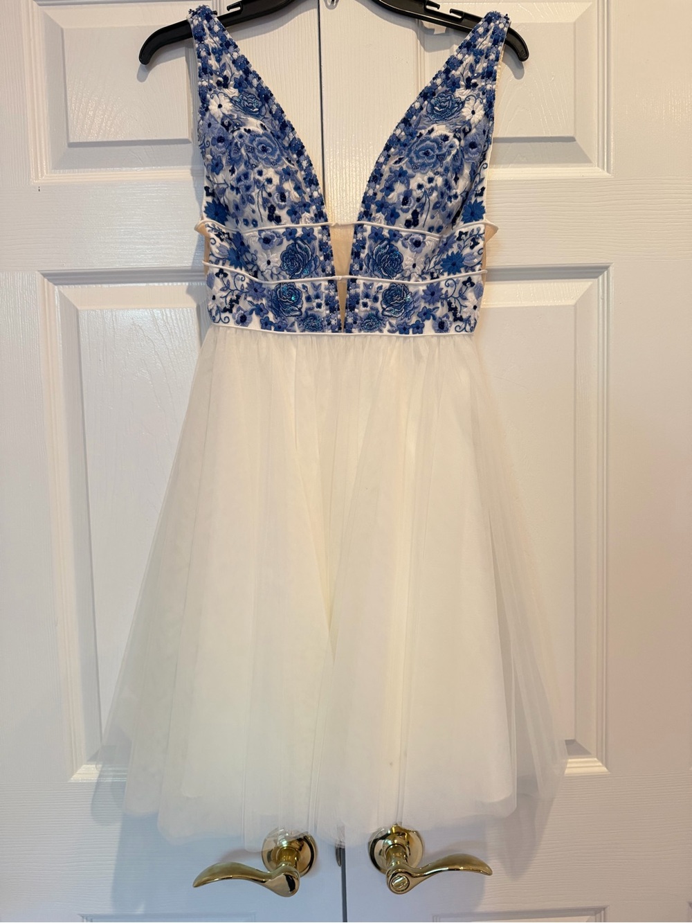 Sherri Hill Embroidered Tulle Cocktail Dress Blue White Floral Sz 2 Altered